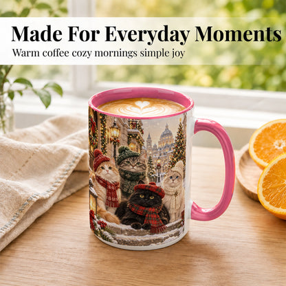 #pl[15oz|Pink] Christmas Cats Coffee Mug, Winter Cat Group Mug, Ceramic Cup