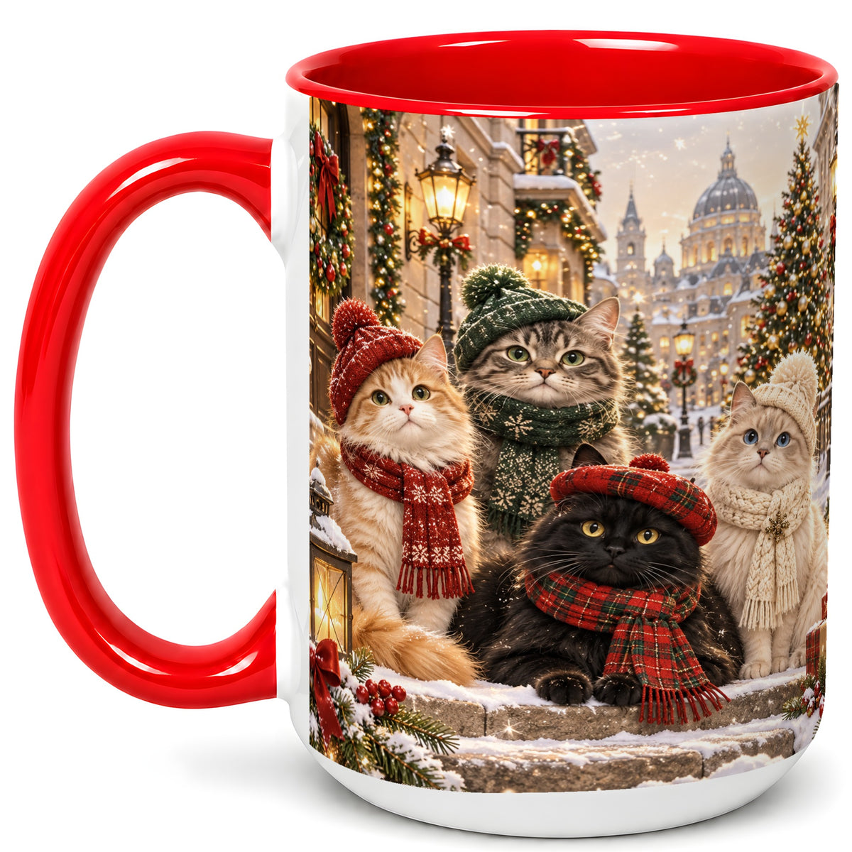 #pl[15oz|Red] Christmas Cats Coffee Mug, Winter Cat Group Mug, Ceramic Cup