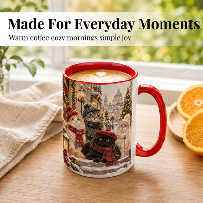 #pl[15oz|Red] Christmas Cats Coffee Mug, Winter Cat Group Mug, Ceramic Cup