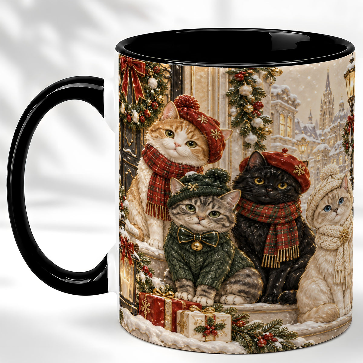 #pl[11oz|Black] Christmas Cat Family Coffee Mug, Holiday Cats Mug, Ceramic Cup
