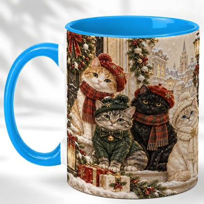 #pl[11oz|Blue] Christmas Cat Family Coffee Mug, Holiday Cats Mug, Ceramic Cup