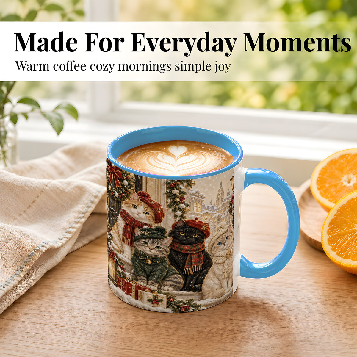#pl[11oz|Blue] Christmas Cat Family Coffee Mug, Holiday Cats Mug, Ceramic Cup