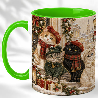 #pl[11oz|Green] Christmas Cat Family Coffee Mug, Holiday Cats Mug, Ceramic Cup
