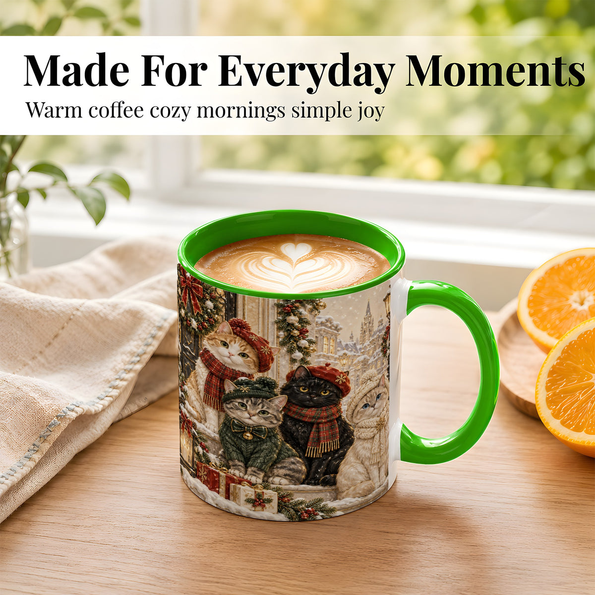 #pl[11oz|Green] Christmas Cat Family Coffee Mug, Holiday Cats Mug, Ceramic Cup