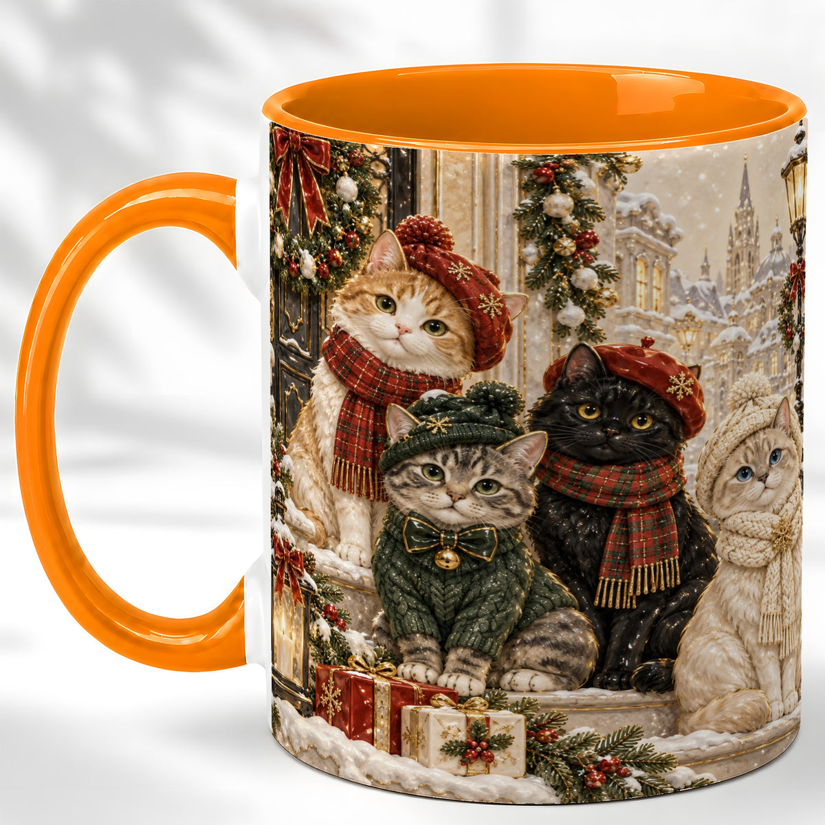 #pl[11oz|Orange] Christmas Cat Family Coffee Mug, Holiday Cats Mug, Ceramic Cup