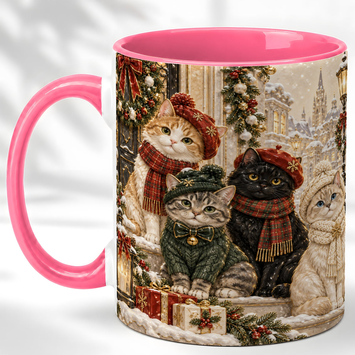 #pl[11oz|Pink] Christmas Cat Family Coffee Mug, Holiday Cats Mug, Ceramic Cup