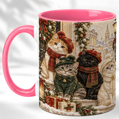 #pl[11oz|Pink] Christmas Cat Family Coffee Mug, Holiday Cats Mug, Ceramic Cup