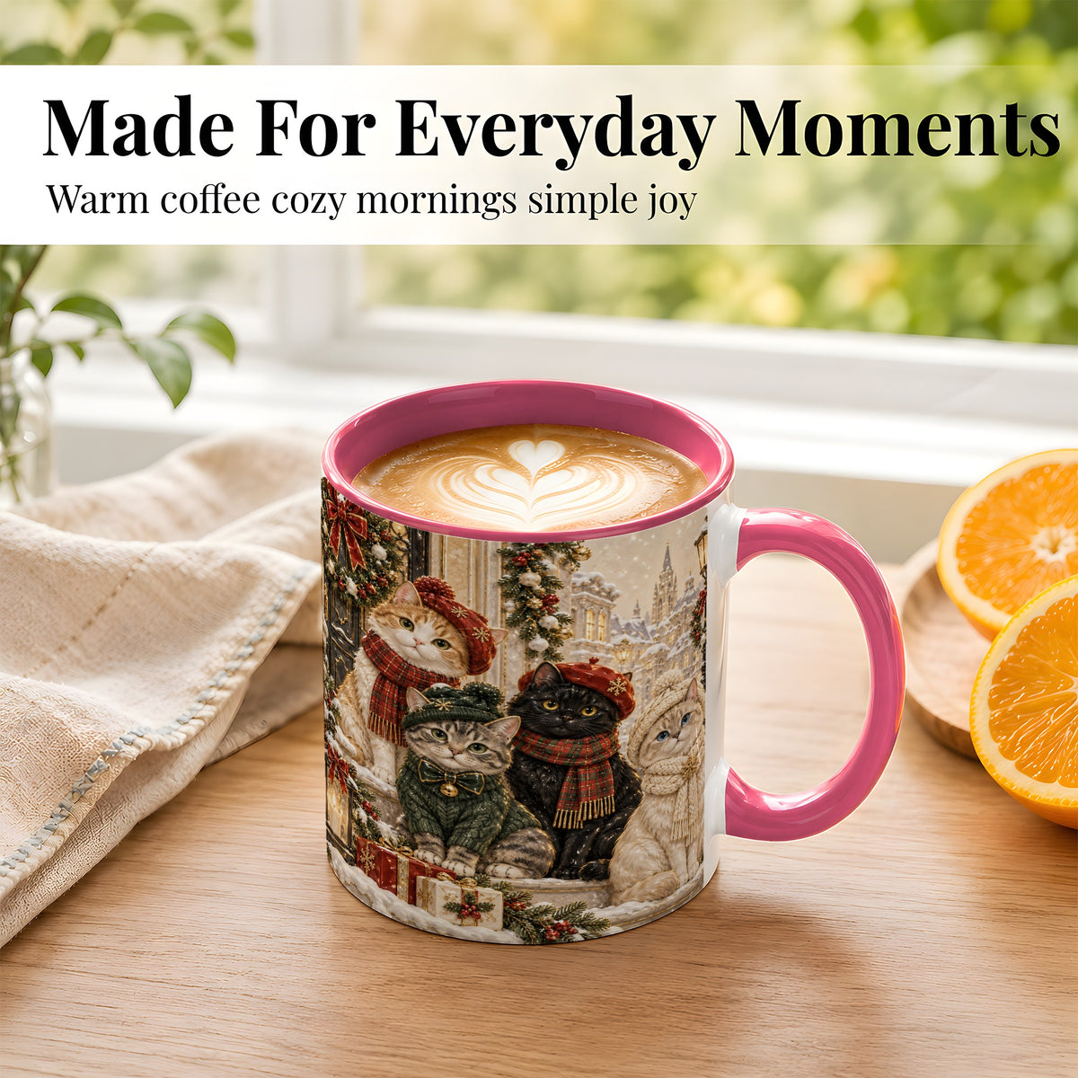 #pl[11oz|Pink] Christmas Cat Family Coffee Mug, Holiday Cats Mug, Ceramic Cup