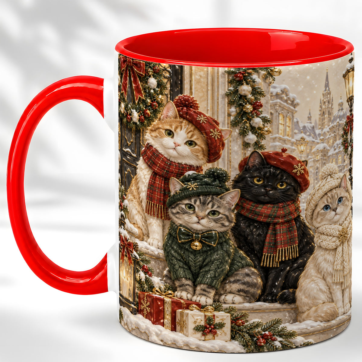 Christmas Cat Family Coffee Mug, Holiday Cats Mug, Ceramic Cup