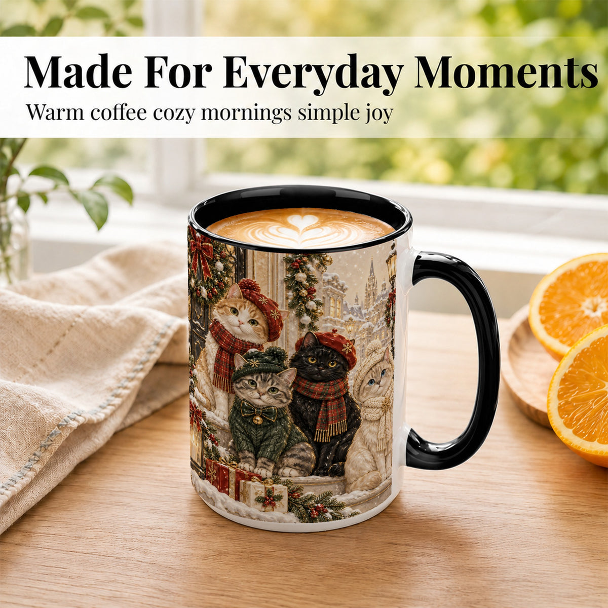 #pl[15oz|Black] Christmas Cat Family Coffee Mug, Holiday Cats Mug, Ceramic Cup