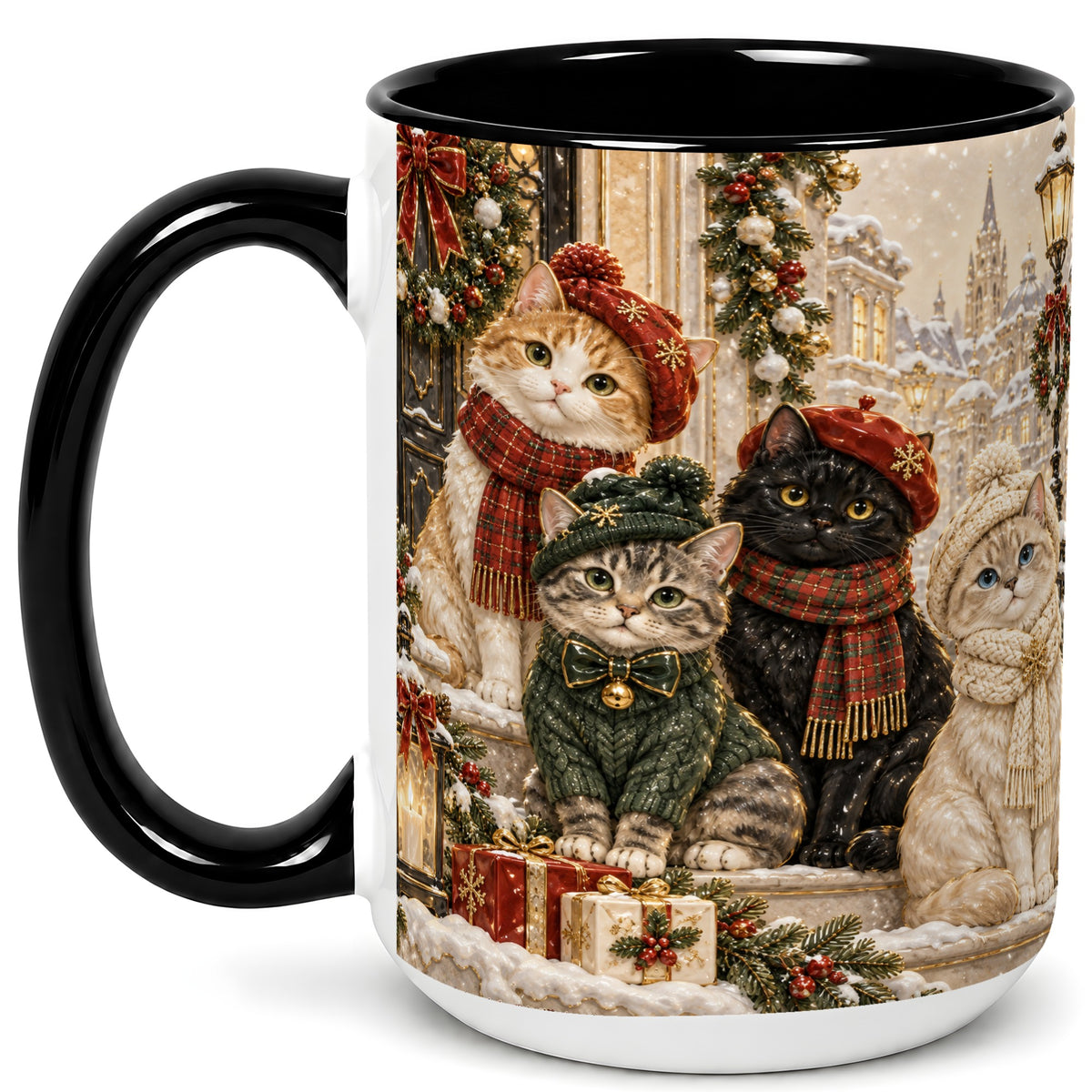 #pl[15oz|Black] Christmas Cat Family Coffee Mug, Holiday Cats Mug, Ceramic Cup