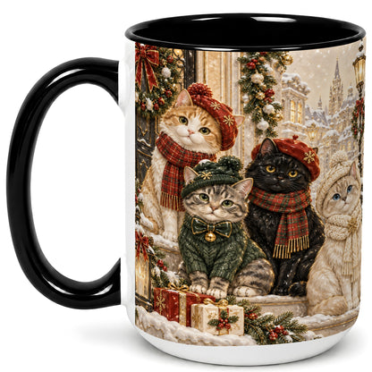 #pl[15oz|Black] Christmas Cat Family Coffee Mug, Holiday Cats Mug, Ceramic Cup