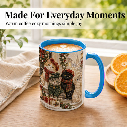 #pl[15oz|Blue] Christmas Cat Family Coffee Mug, Holiday Cats Mug, Ceramic Cup