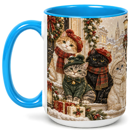 #pl[15oz|Blue] Christmas Cat Family Coffee Mug, Holiday Cats Mug, Ceramic Cup