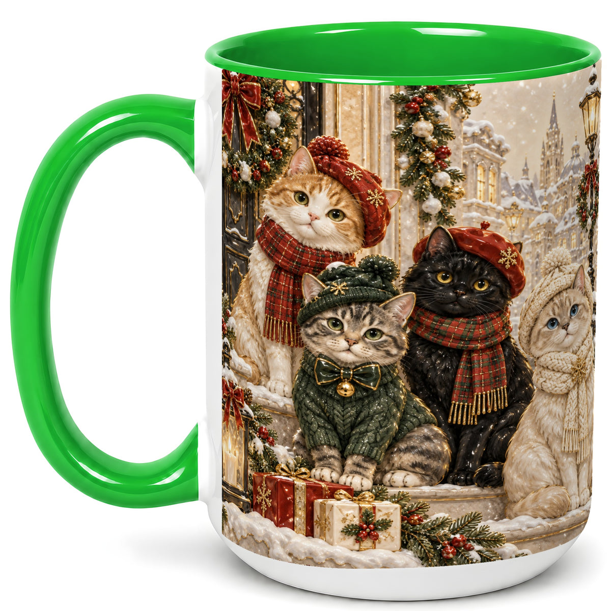#pl[15oz|Green] Christmas Cat Family Coffee Mug, Holiday Cats Mug, Ceramic Cup