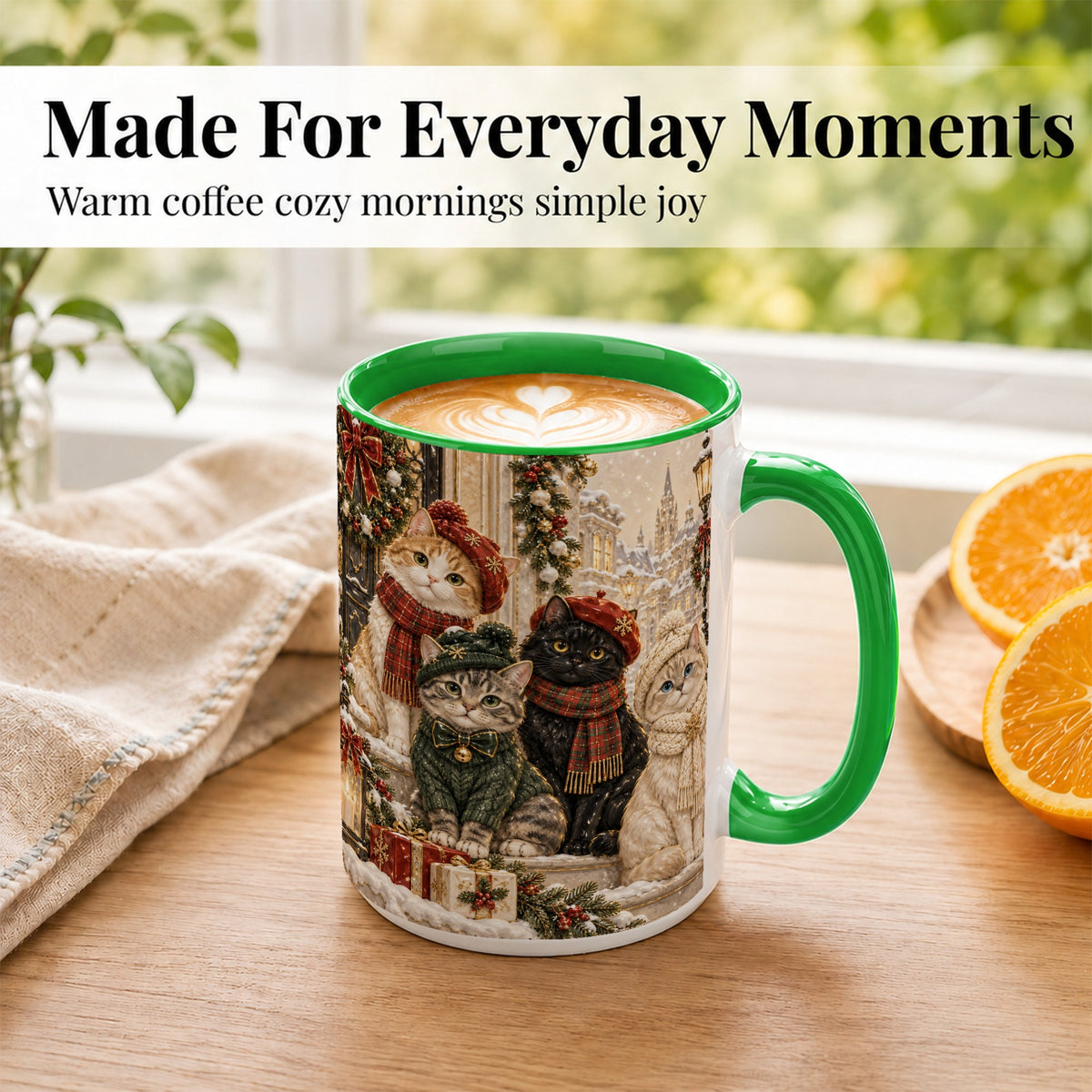 #pl[15oz|Green] Christmas Cat Family Coffee Mug, Holiday Cats Mug, Ceramic Cup