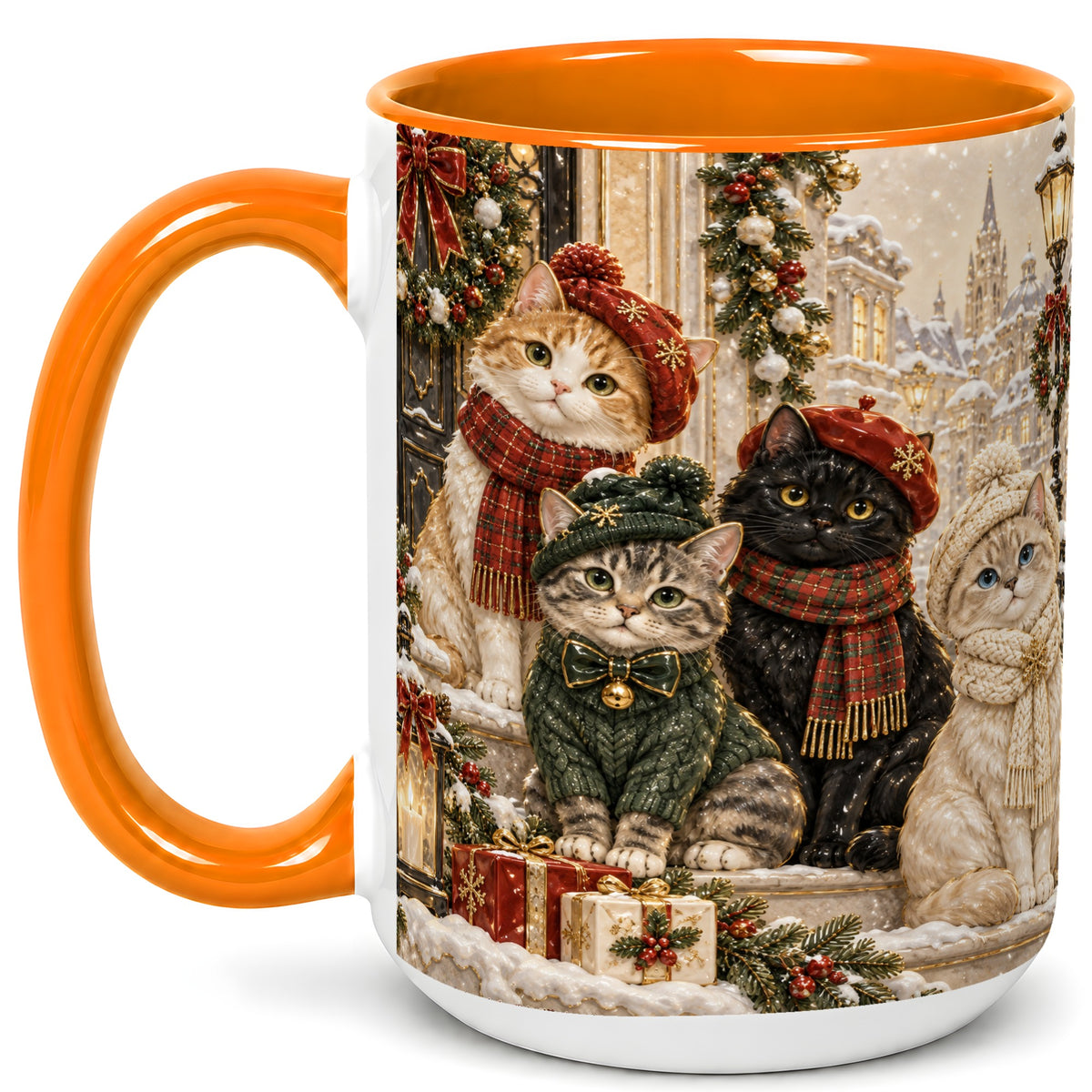 #pl[15oz|Orange] Christmas Cat Family Coffee Mug, Holiday Cats Mug, Ceramic Cup
