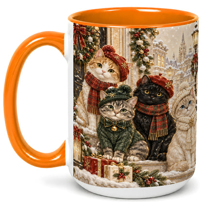 #pl[15oz|Orange] Christmas Cat Family Coffee Mug, Holiday Cats Mug, Ceramic Cup