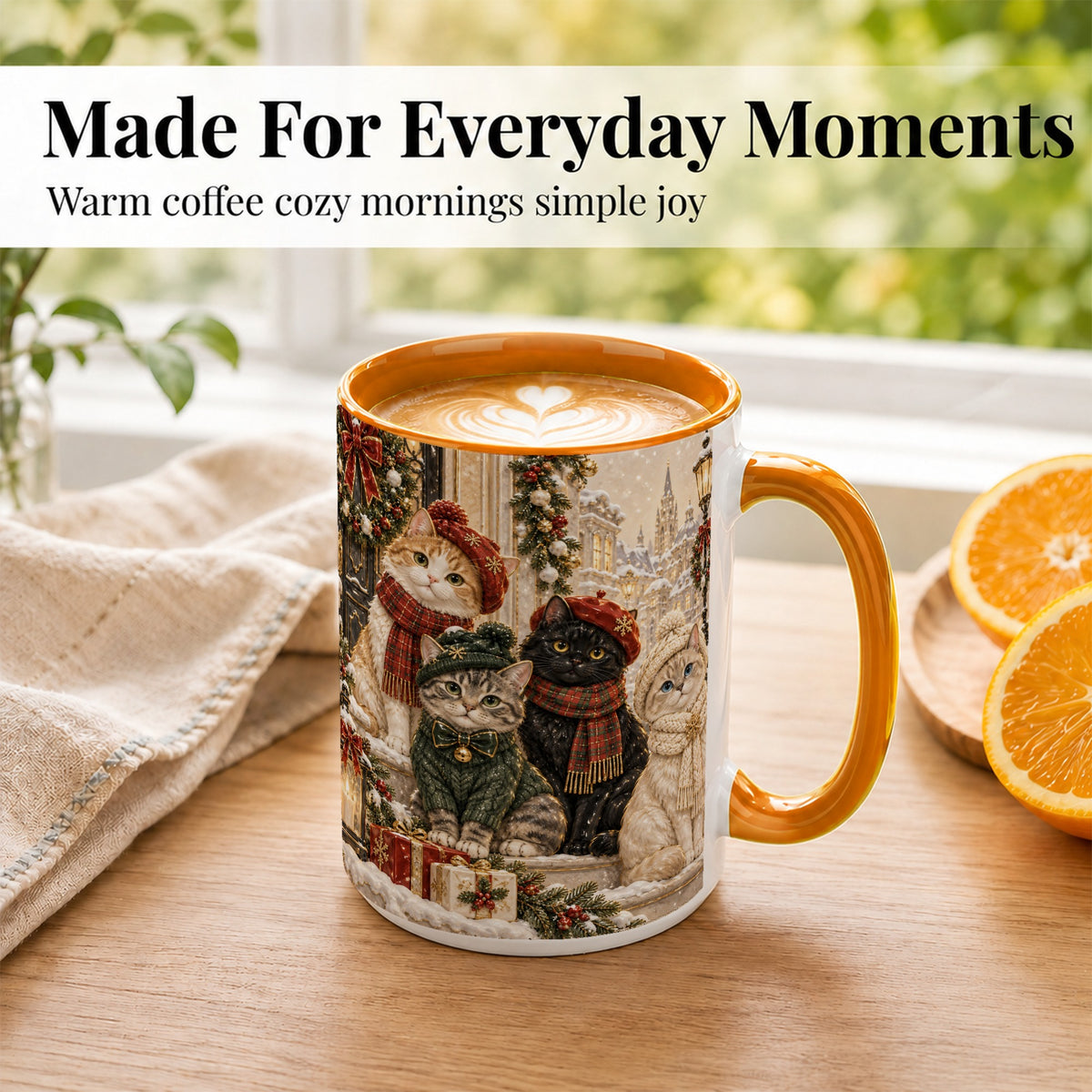 #pl[15oz|Orange] Christmas Cat Family Coffee Mug, Holiday Cats Mug, Ceramic Cup