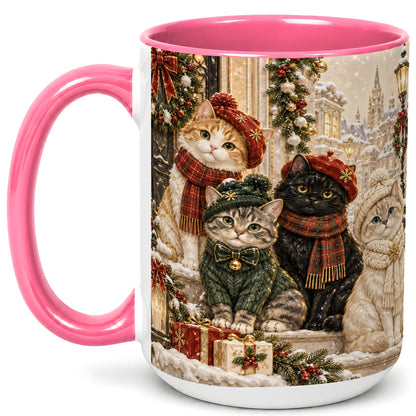 #pl[15oz|Pink] Christmas Cat Family Coffee Mug, Holiday Cats Mug, Ceramic Cup