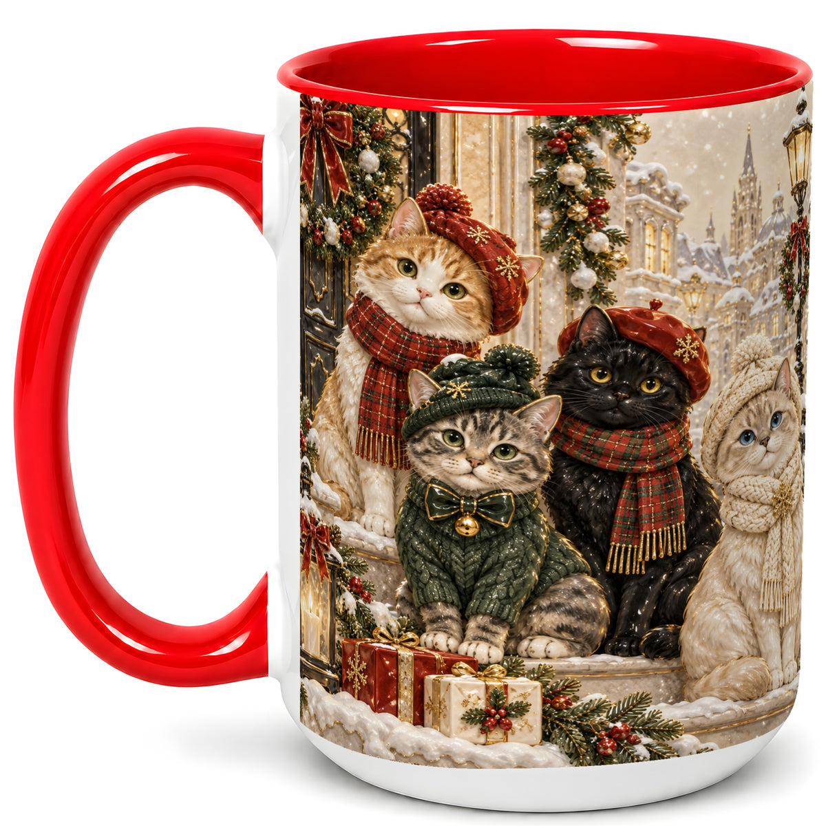 #pl[15oz|Red] Christmas Cat Family Coffee Mug, Holiday Cats Mug, Ceramic Cup