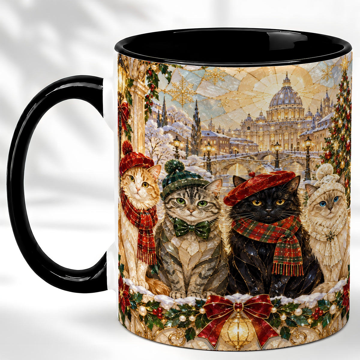 #pl[11oz|Black] Stained Glass Cats Coffee Mug, Christmas Cat Mug, Ceramic Cup