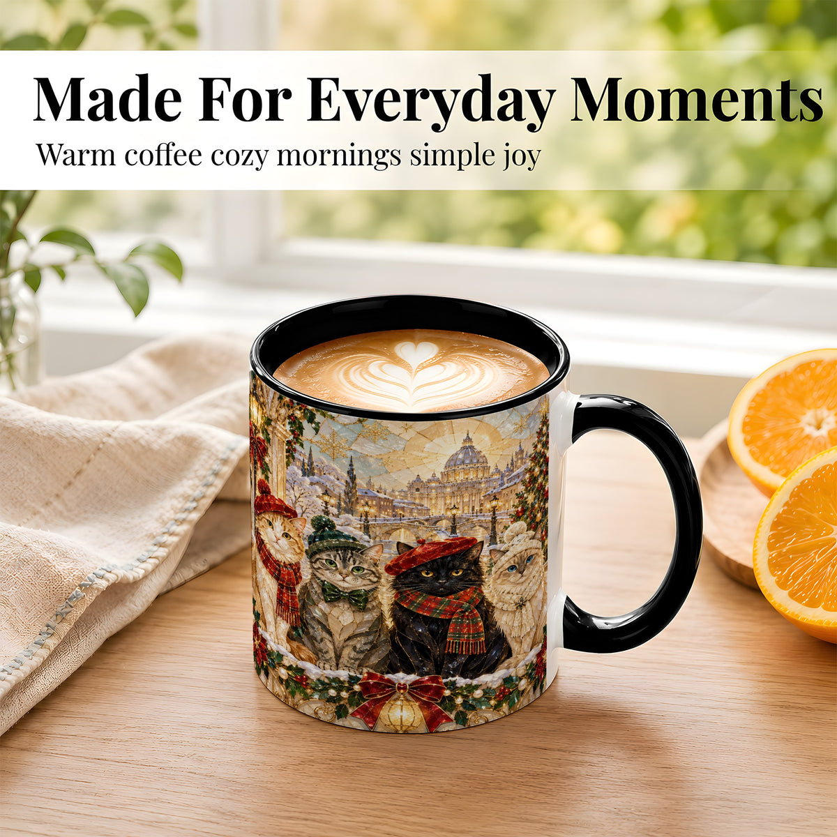 #pl[11oz|Black] Stained Glass Cats Coffee Mug, Christmas Cat Mug, Ceramic Cup