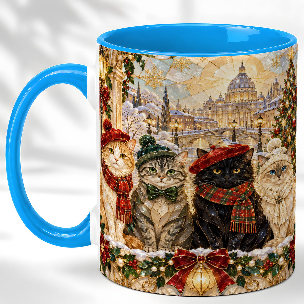 #pl[11oz|Blue] Stained Glass Cats Coffee Mug, Christmas Cat Mug, Ceramic Cup