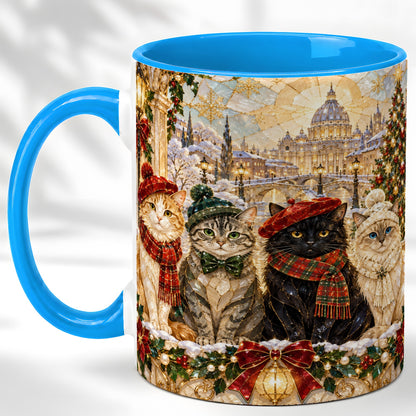 #pl[11oz|Blue] Stained Glass Cats Coffee Mug, Christmas Cat Mug, Ceramic Cup