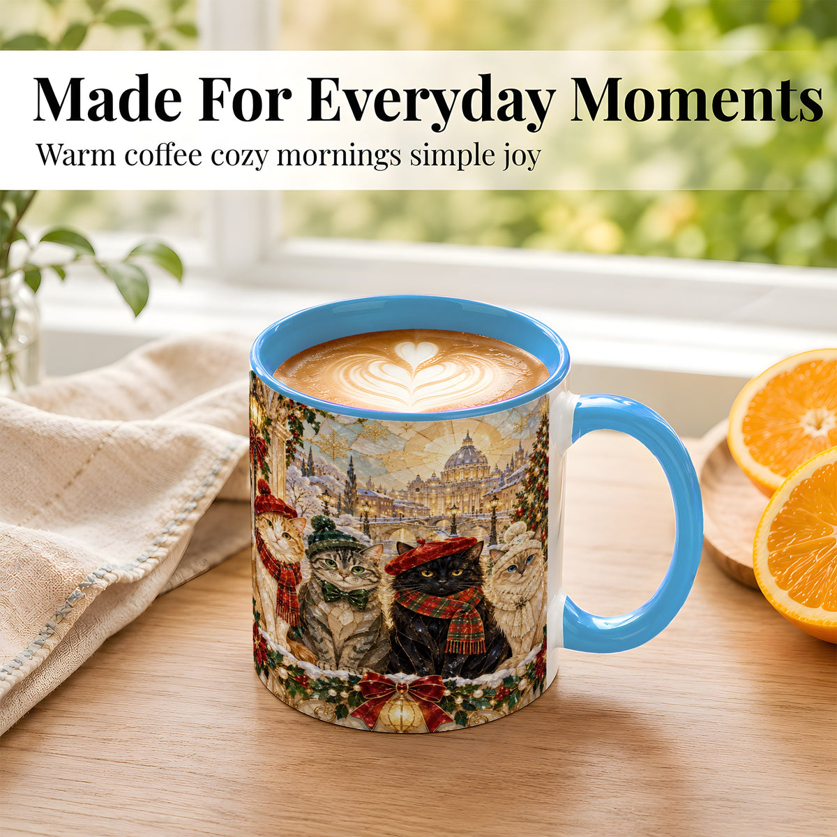 #pl[11oz|Blue] Stained Glass Cats Coffee Mug, Christmas Cat Mug, Ceramic Cup