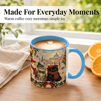 #pl[11oz|Blue] Stained Glass Cats Coffee Mug, Christmas Cat Mug, Ceramic Cup