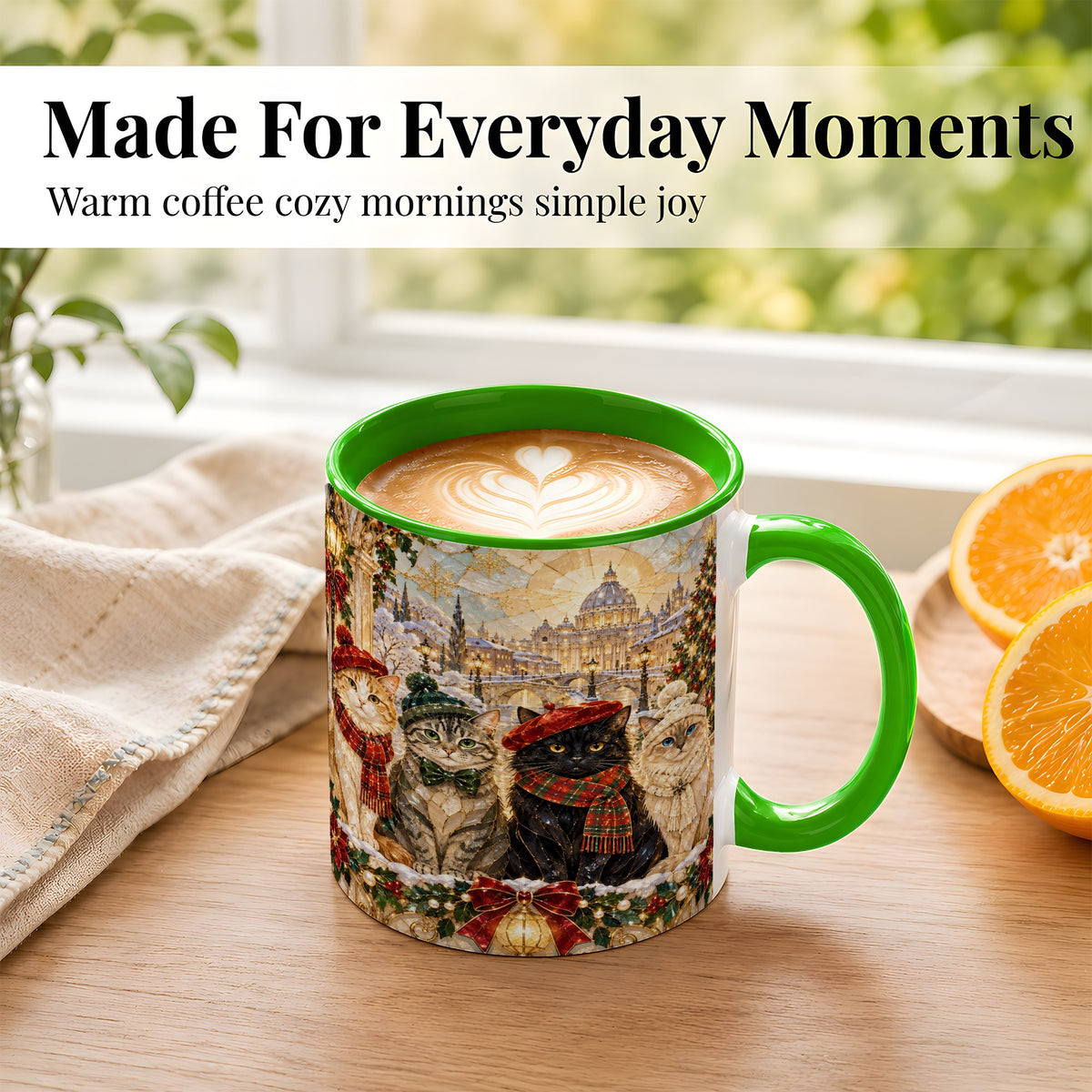 #pl[11oz|Green] Stained Glass Cats Coffee Mug, Christmas Cat Mug, Ceramic Cup