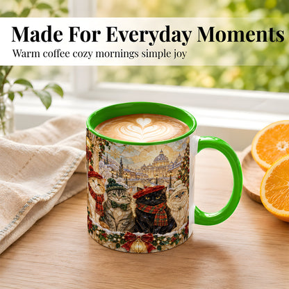 #pl[11oz|Green] Stained Glass Cats Coffee Mug, Christmas Cat Mug, Ceramic Cup