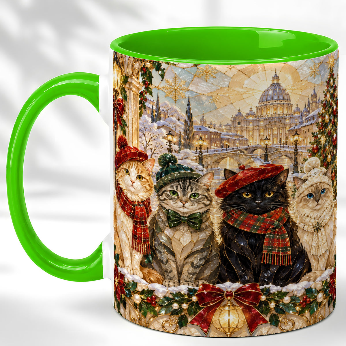 #pl[11oz|Green] Stained Glass Cats Coffee Mug, Christmas Cat Mug, Ceramic Cup