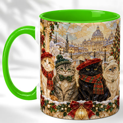 #pl[11oz|Green] Stained Glass Cats Coffee Mug, Christmas Cat Mug, Ceramic Cup