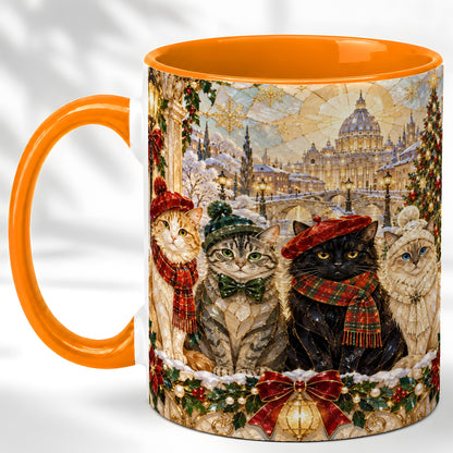 #pl[11oz|Orange] Stained Glass Cats Coffee Mug, Christmas Cat Mug, Ceramic Cup