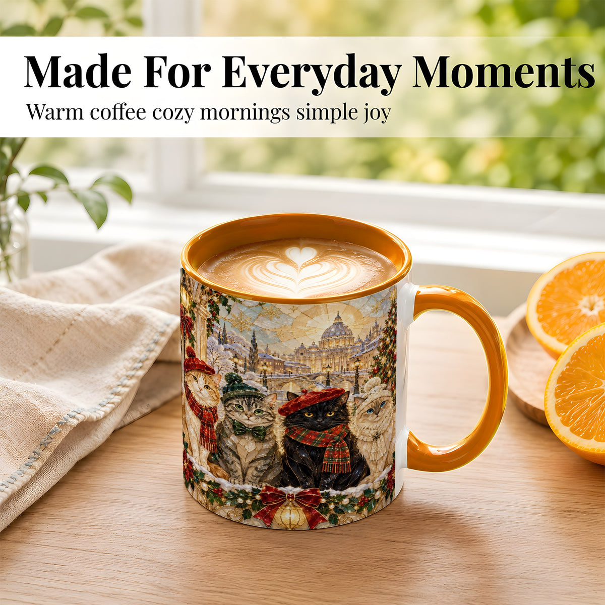 #pl[11oz|Orange] Stained Glass Cats Coffee Mug, Christmas Cat Mug, Ceramic Cup