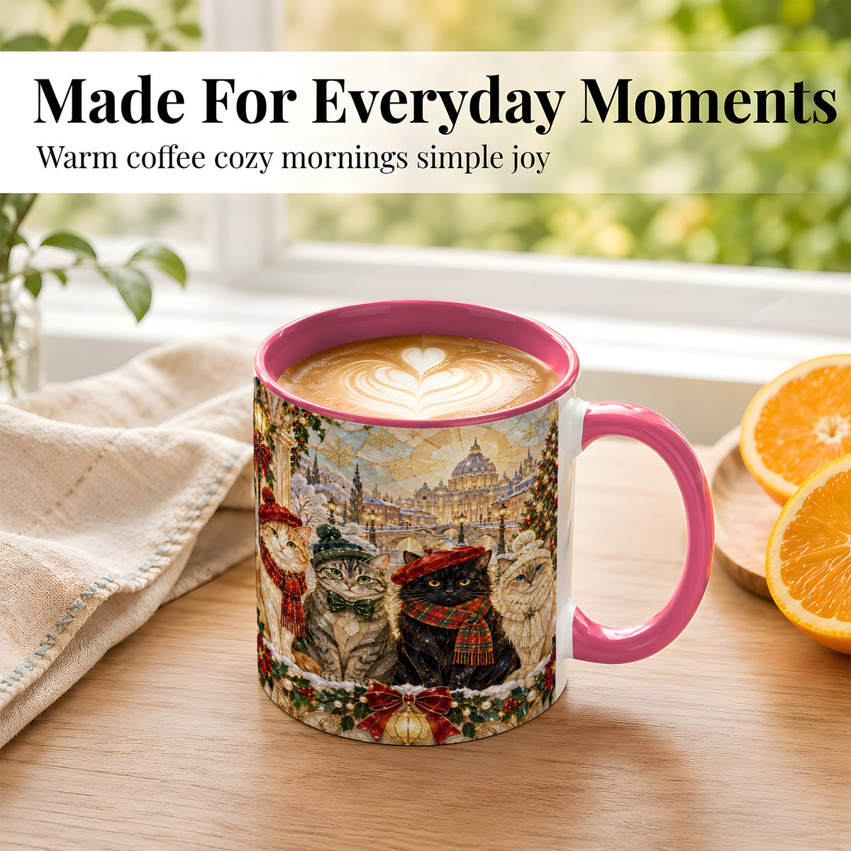 #pl[11oz|Pink] Stained Glass Cats Coffee Mug, Christmas Cat Mug, Ceramic Cup