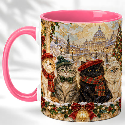 #pl[11oz|Pink] Stained Glass Cats Coffee Mug, Christmas Cat Mug, Ceramic Cup