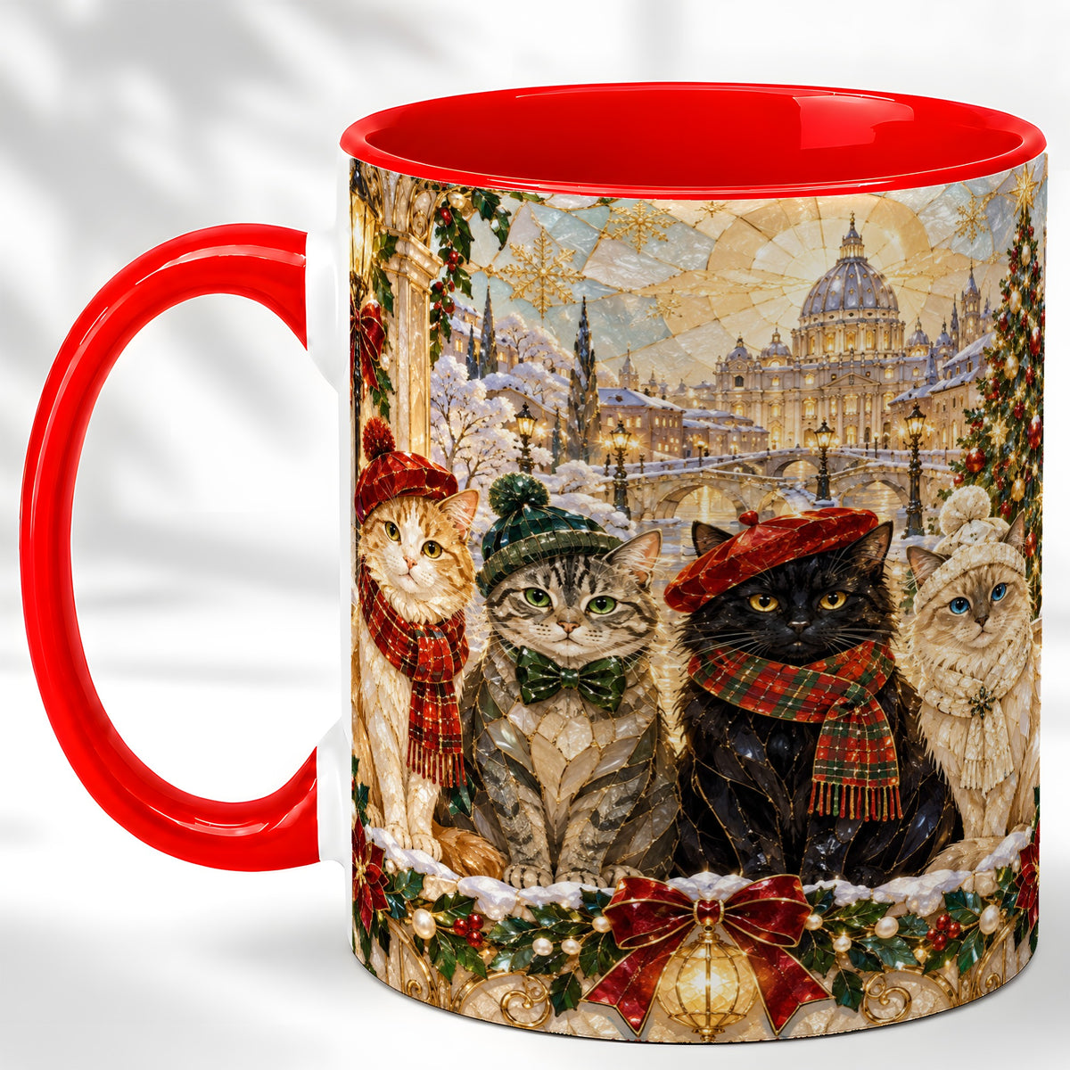 Stained Glass Cats Coffee Mug, Christmas Cat Mug, Ceramic Cup