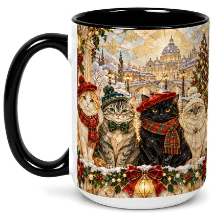 #pl[15oz|Black] Stained Glass Cats Coffee Mug, Christmas Cat Mug, Ceramic Cup