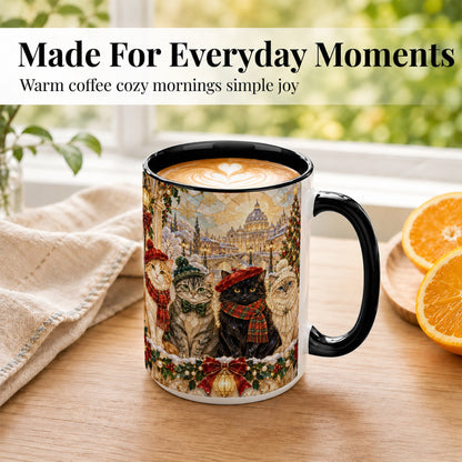 #pl[15oz|Black] Stained Glass Cats Coffee Mug, Christmas Cat Mug, Ceramic Cup