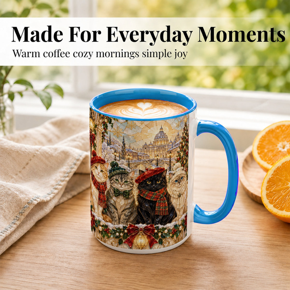 #pl[15oz|Blue] Stained Glass Cats Coffee Mug, Christmas Cat Mug, Ceramic Cup