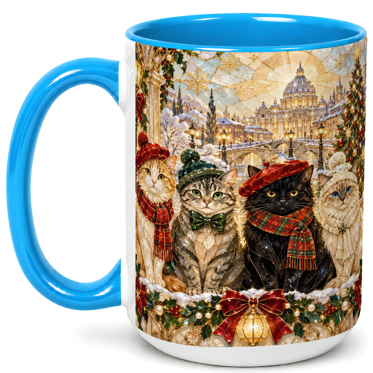 #pl[15oz|Blue] Stained Glass Cats Coffee Mug, Christmas Cat Mug, Ceramic Cup