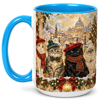 #pl[15oz|Blue] Stained Glass Cats Coffee Mug, Christmas Cat Mug, Ceramic Cup