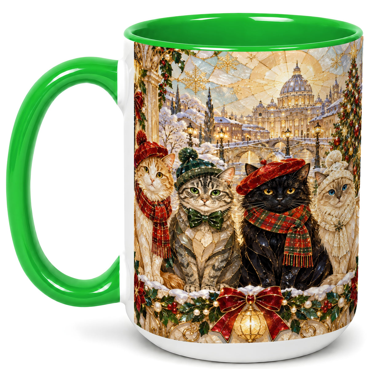 #pl[15oz|Green] Stained Glass Cats Coffee Mug, Christmas Cat Mug, Ceramic Cup