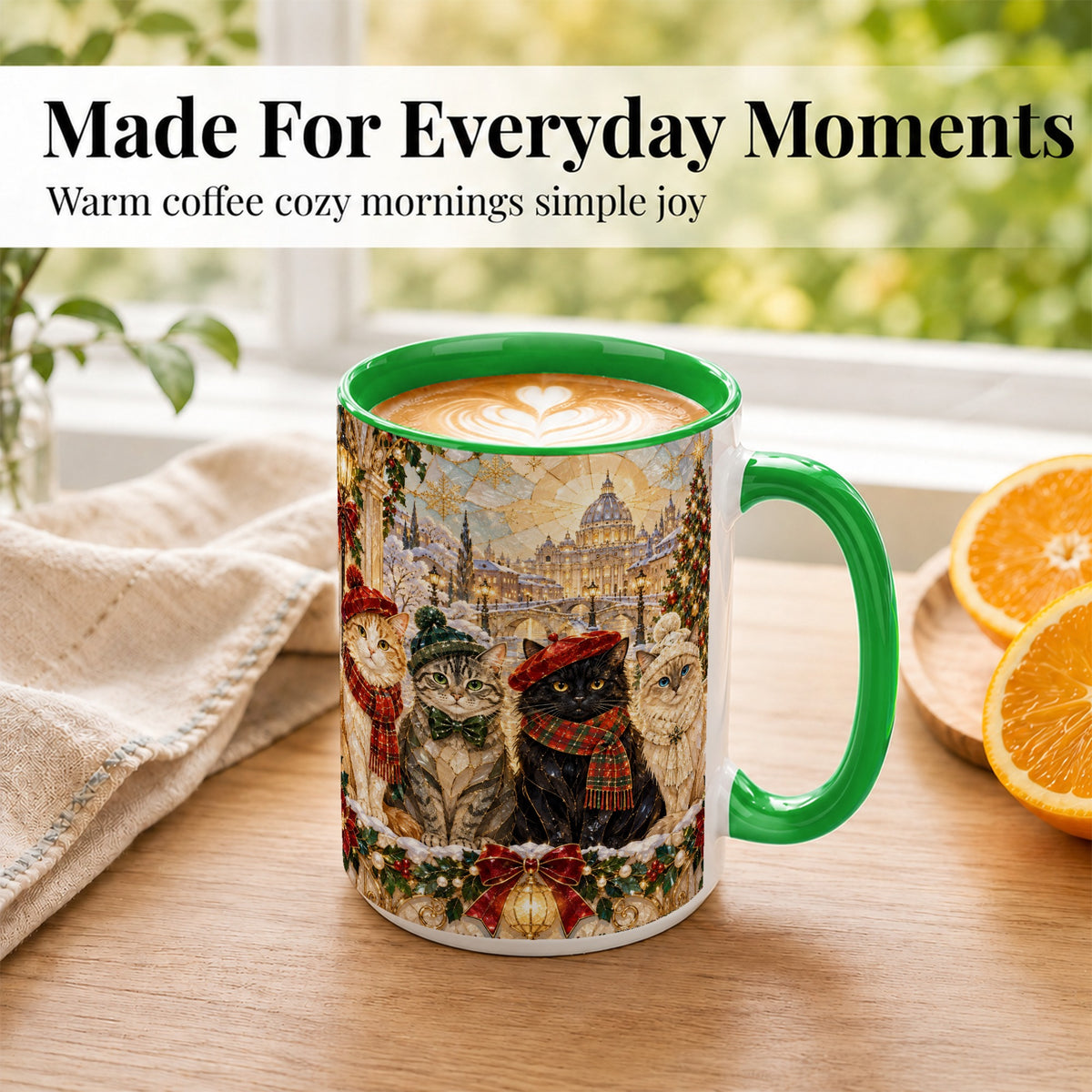 #pl[15oz|Green] Stained Glass Cats Coffee Mug, Christmas Cat Mug, Ceramic Cup