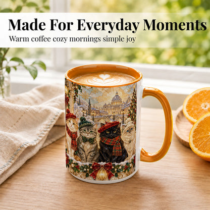 #pl[15oz|Orange] Stained Glass Cats Coffee Mug, Christmas Cat Mug, Ceramic Cup