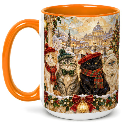 #pl[15oz|Orange] Stained Glass Cats Coffee Mug, Christmas Cat Mug, Ceramic Cup