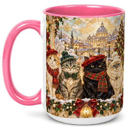 #pl[15oz|Pink] Stained Glass Cats Coffee Mug, Christmas Cat Mug, Ceramic Cup